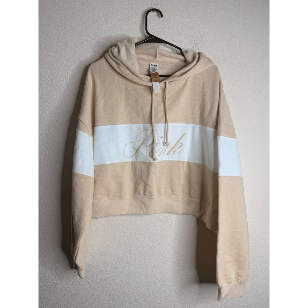 VS PINK Ivy Fleece Cropped Hoodie Tan White Colorblock Script Logo NWT L XL